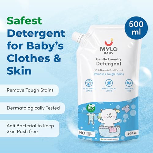 Image of Mylo Baby Detergent Liquid For Clothes | Anti - Bacterial | No Harmful Chemicals, No Allergens & No Artificial Colours (500 ml (Pack of 1))