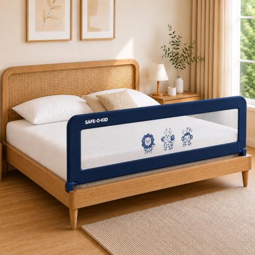 Image of SAFE-O-KID (1 Side Foldable Baby Bed Rail Guard (6FT /182CM) with 1 Year Warranty | Extra Tall Toddler Bed Safety Rail | Breathable Mesh |Child Fall Protection | Easy Installation | Blue