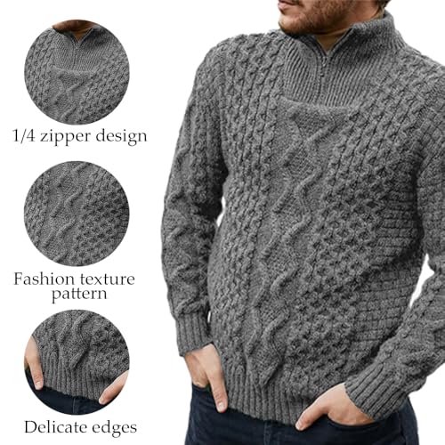 Men's Winter Cable Zipper Turtleneck Jacquard Pullover Sweater, Men's Quarter Zip Sweater, Mock Neck Polo Sweater4