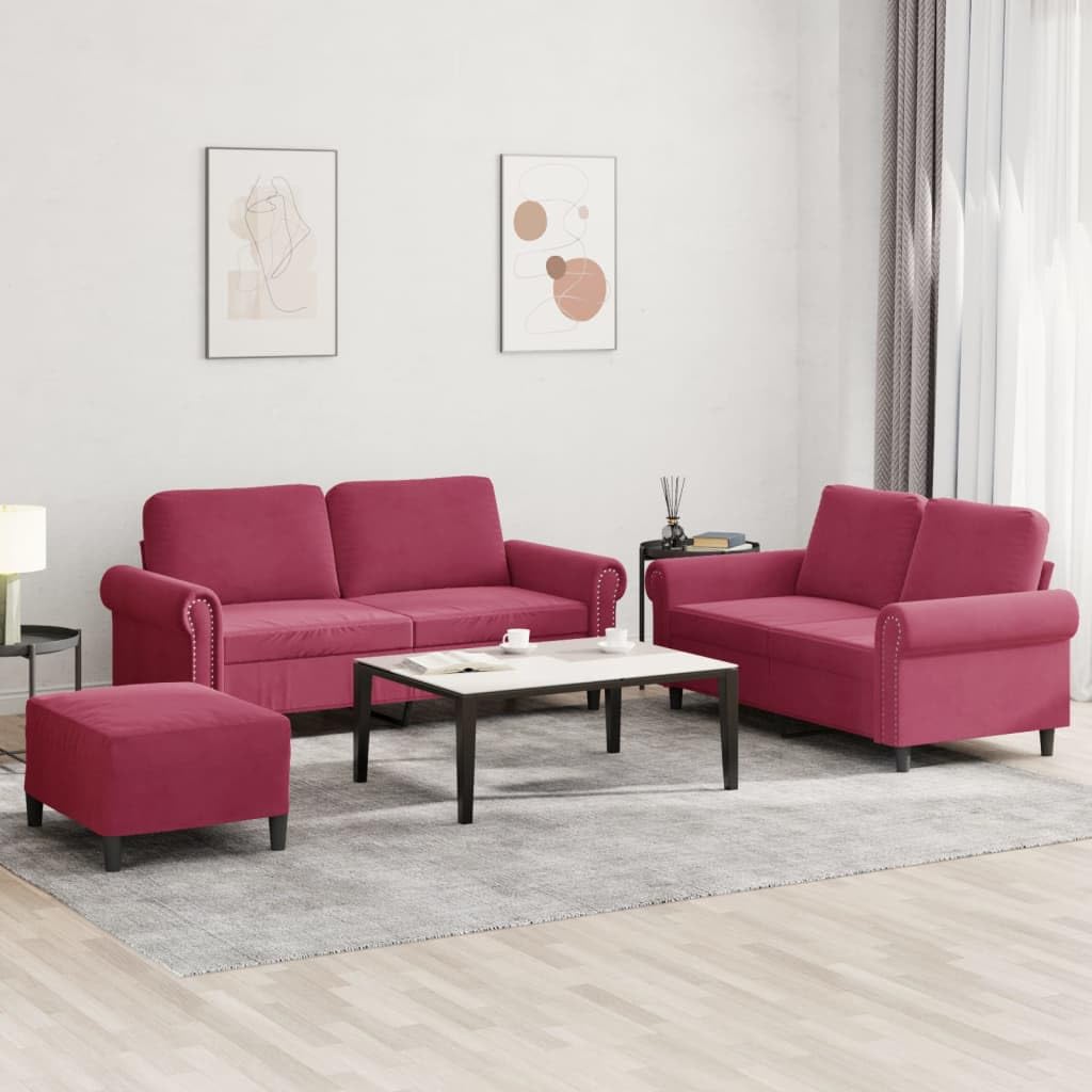 Ensemble de canapé 3 pièces en velours rouge vin avec canapé 2 places, repose-pieds et coussin, structure robuste, peu encombrant, pour salon, chambre d'amis, chambre d'adolescent