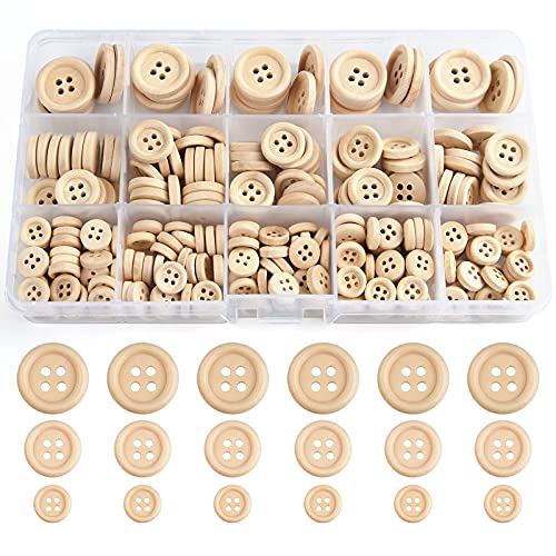 TUPARKA 255 STÜCKE Holzknöpfe Gemischte Größe Natürliche Holz Runde Form Taste zum Nähen Handwerk Dekorationen 10mm 15mm 20mm