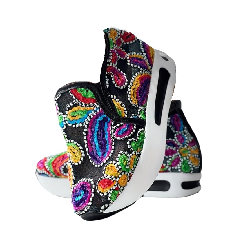 Colorful Flower Embroidered Wedge Sneakers, Women's Slip On Platform Mesh Shoes, Breathable Daily Footwear
