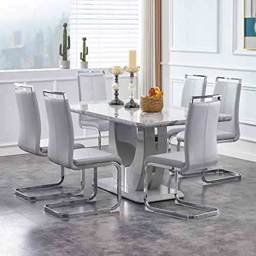 Jufu Modern Dining Table Set For 6,Rectangula Kitchen Table Set With Faux Marble Tabletop＆6 Pu Leather Upholstered Chairs Ideal For Dining Room, Kitchen (Light Grey, 1 Table With 6 Chairs) #TOP7