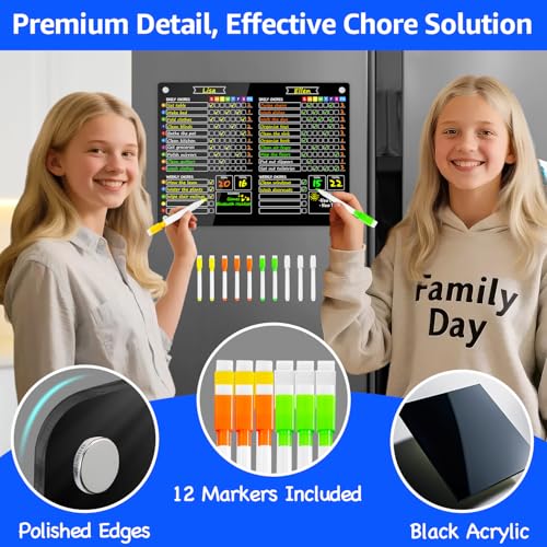 Image of PigPotParty 2-in-1 Acrylic Magnetic Chore Chart for 2 Kids, Large 16x12 in