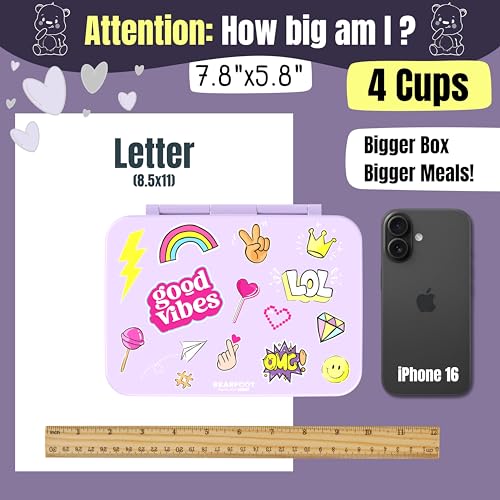 Image of BEARFOOT Kids Lunch Box with Compartments - Compact & Lightweight | Leak-Proof, BPA-Free, Dishwasher Safe | Hand-Drawn Design for Preschool, School, Travel (Sticker Purple, 4 Cups)