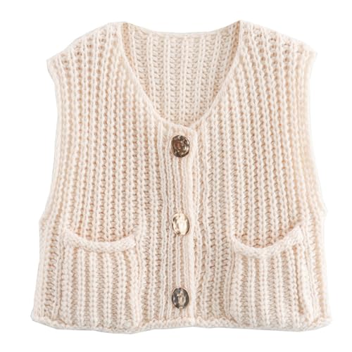 Wyeysyt Sweater Vest Women Sleeveless Crop Knit Cardigan Casual Button Down Cropped Knitted Sweater Vest with Pockets