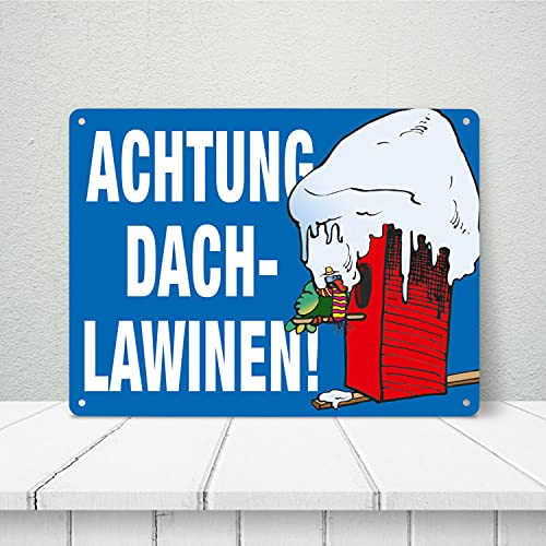 Warnschild für den Winter in blau Achtung Dachlawinen! Mit Comic Vogelhaus Gefahr Metall-Schild Dachlawine Aluschild Winter Blechschild Schnee Vogelhäuschen Vogel Winterdienst
