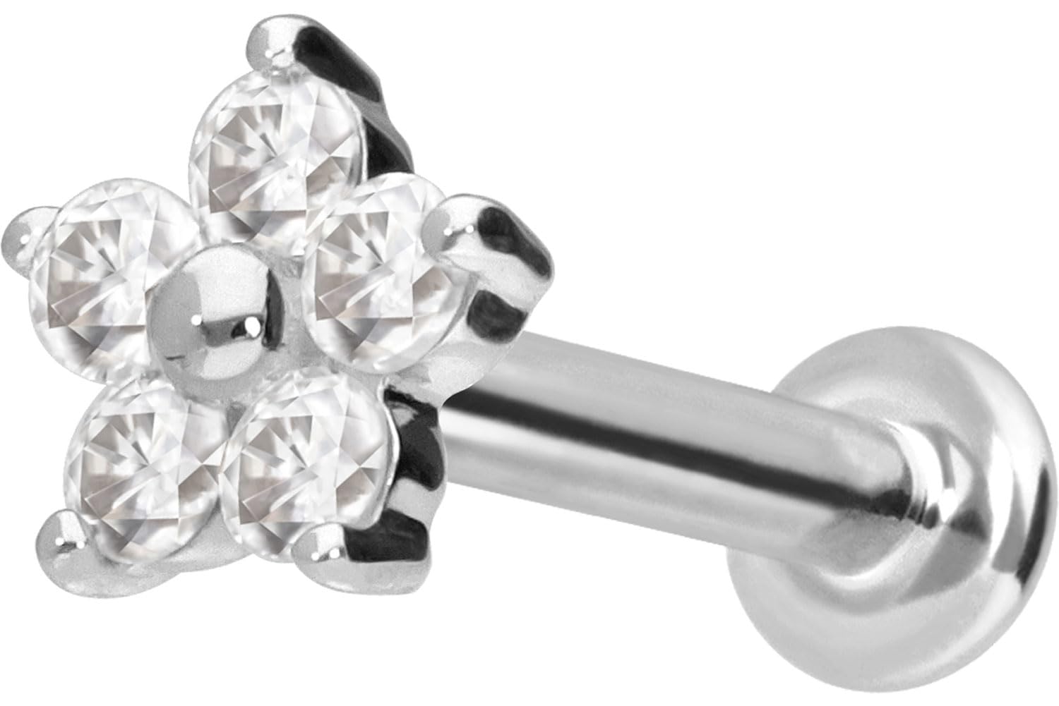 PIERCINGLINE 14 Karat Gold Labret Ohr Piercing mit Push Fit MOISSANIT BLUME 0,075 kt Farb & Größenauswahl