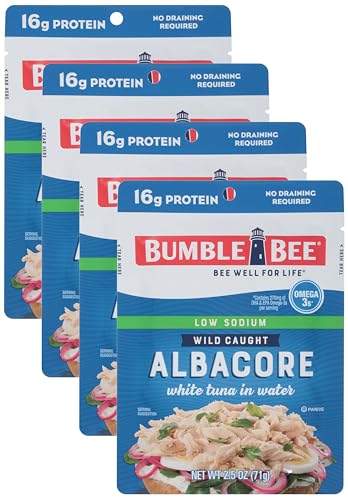 Image of Bumble Bee Low Sodium Chunk White Albacore Tuna in Water, 2.5 oz Pouch - Ready to Eat Wild Caught Tuna Packet - 16g Protein per Serving, High in Omega-3s - Non-GMO, Gluten Free, Kosher (Pack of 4)