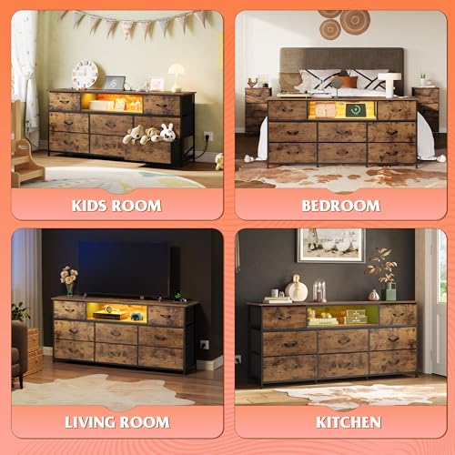 Image of WLIVE LED Dresser TV Stand for 65 Inch TV, 8 Drawers, Rustic Brown