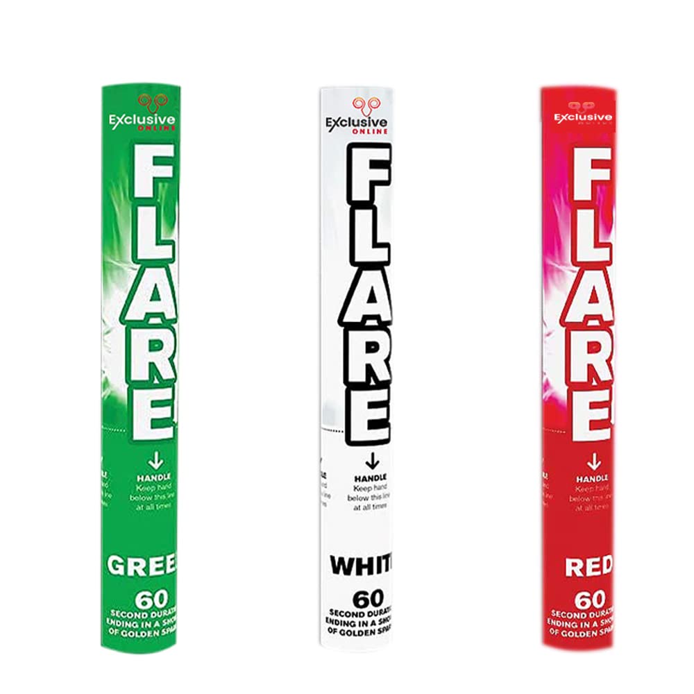 Pack of 3 Mixed Color Hand held Flares for Paintball, Weddings, Photoshoots & Special Effects, Red, White and Green