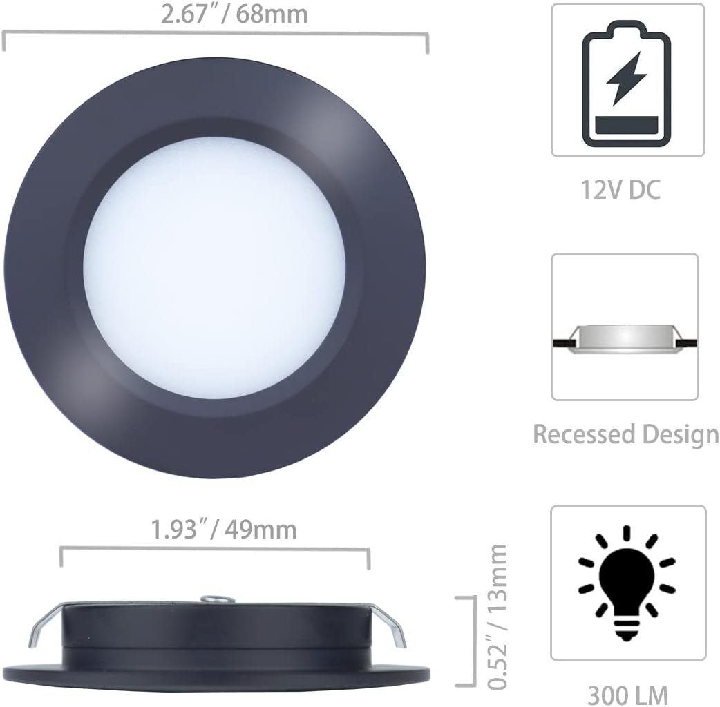 12 Volt dc Ceiling Lights Warm White for Interior RV Under Cabinet Light Fixtures 12v Recessed LED Light Black 3w 300lm Set of 6