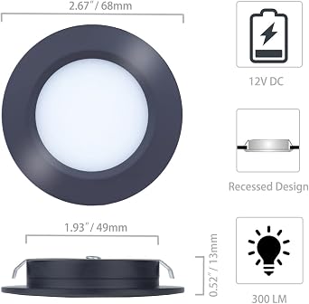 12 Volt dc Ceiling Lights Warm White for Interior RV Under Cabinet Light Fixtures 12v Recessed LED Light Black 3w 300lm Set of 6