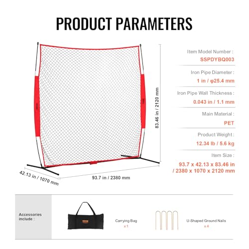 VEVOR Barrikaden-Backstop-Netz, 238 x 107 x 212 cm Ballsport-Absperrnetz, Tragbare Übungsausrüstung mit Tragetasche, Schutzschirm für Baseball, Softball, Lacrosse, Fußball, Hockey-Training