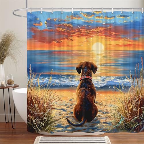 Image of Funny Dog Shower Curtain, Hilarious Dog on Sunset Sunrise Beach Seascape Art Shower Curtain Set, Nautical Ocean Bath Accessories Coastal Seaside Bathroom Decor with 12PCS Hooks, 70X70IN