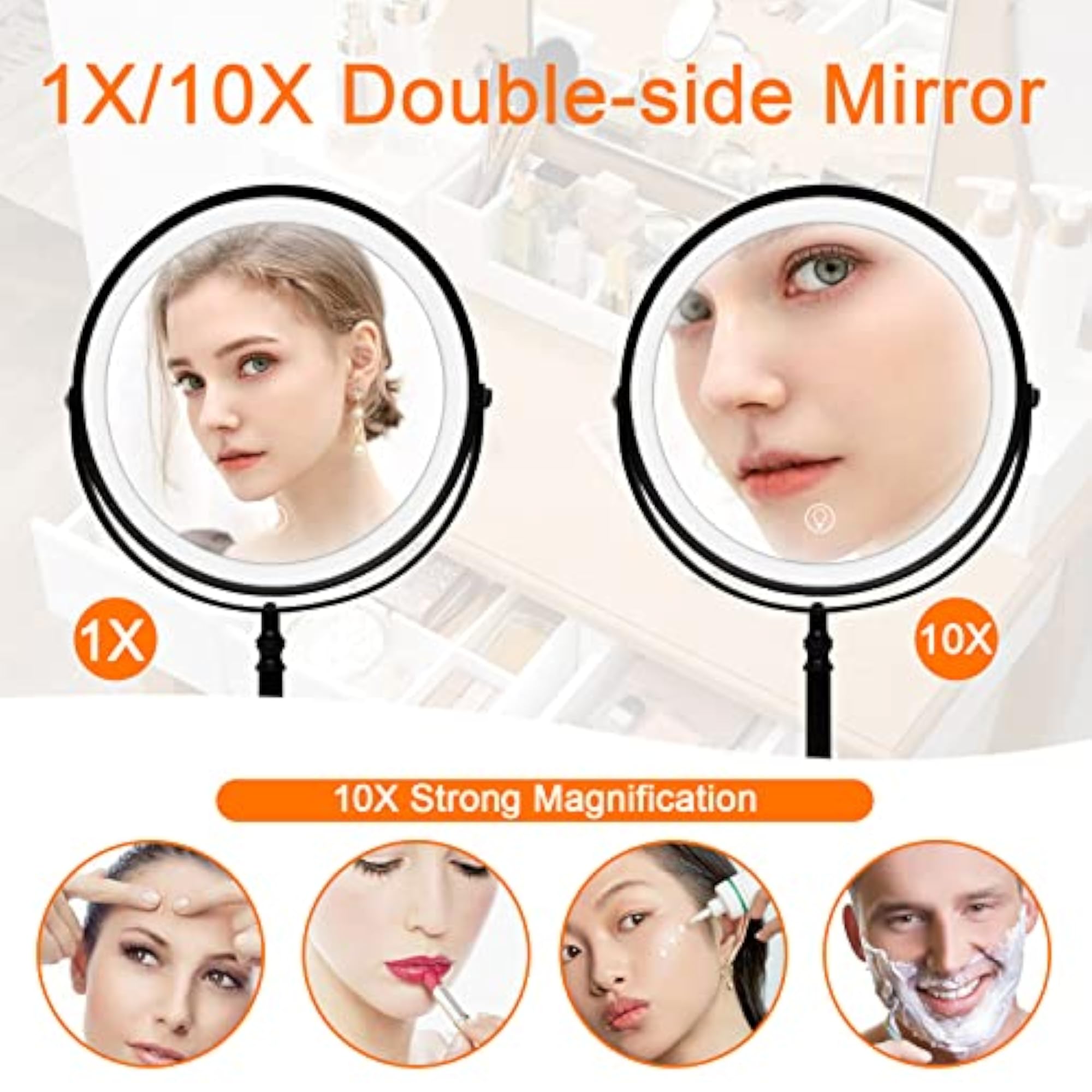 Lighted 8" Makeup Mirror, 1X/10X Magnification