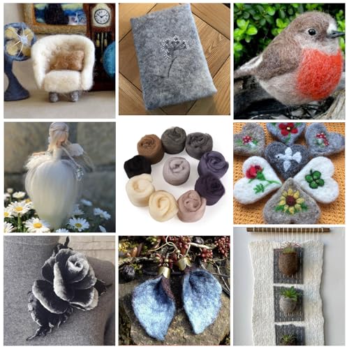 Image of Magibeasd 1.76 oz Wool Roving for Needle Felting Nature Wool Yarn Kit Variety Black Gray for Beginners Felted Crafts DIY Materials Hand Spinning Supplies 10 Colors