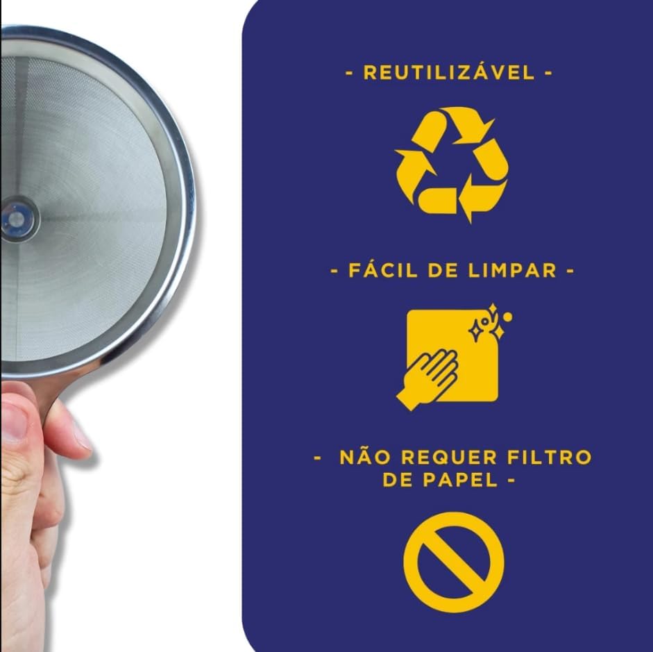 Filtro de Café Inox Reutilizável 103 – Coador de Aço Inoxidável Premium, Ecológico e Durável, Dispensa Papel Filtro, Peneira Fina para Café Coado Gourmet