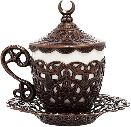Alisveristime (1 Pc Turkish Coffee Cup - Traditional Design with Crescent Motif, Porcelain Cup and Saucer for Turkish, Greek, Arabic Coffee and Espresso (Gelincik) (Copper)