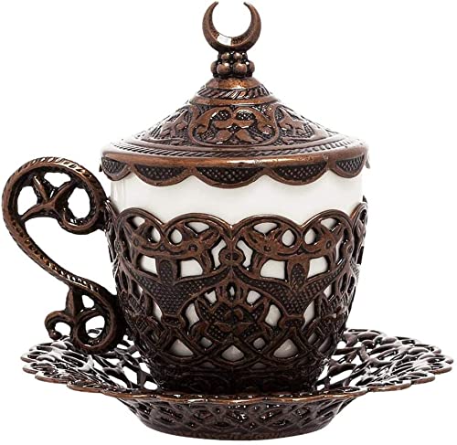 Alisveristime (1 Pc Turkish Coffee Cup - Traditional Design with Crescent Motif, Porcelain Cup and Saucer for Turkish, Greek, Arabic Coffee and Espresso (Gelincik) (Copper)