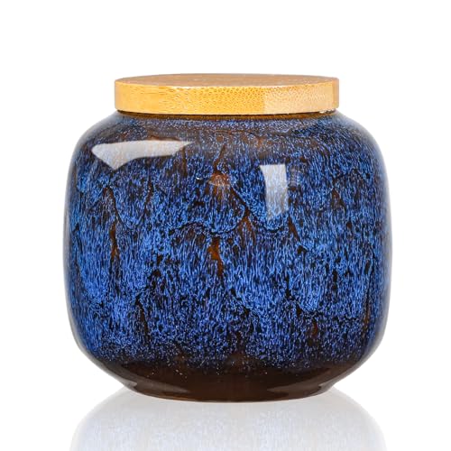 TkoYuHm 6oz Flambe Glaze Ceramic Loose Tea Canister Vintage Storage Jars with Airtight Wooden Lid Blue Matcha Tin Container for Coffee Beans Condiments