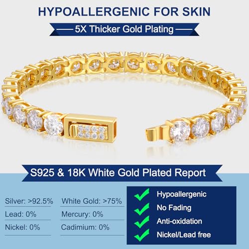 Moissanite Tennis Bracelet for Women Men 2.11-21Carats Moissanite Bracelet 18K White/Yellow Gold Plated 925 Sterling Silver Bracelets 2/3/4/5MM D Color VVS1 Round Brilliant Cut Bracelets 6-8.5Inch4