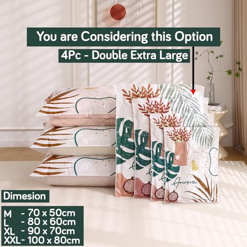 Image of HOKIPO Printed Pack of 4 Vacuum Storage Bags - Double Extra Large (100 X 80 cm)Space Saver Bags with Pump - Airtight Compression Bags for Clothes, Blankets, Comforters, Travel & Storage (AR-6118*4)