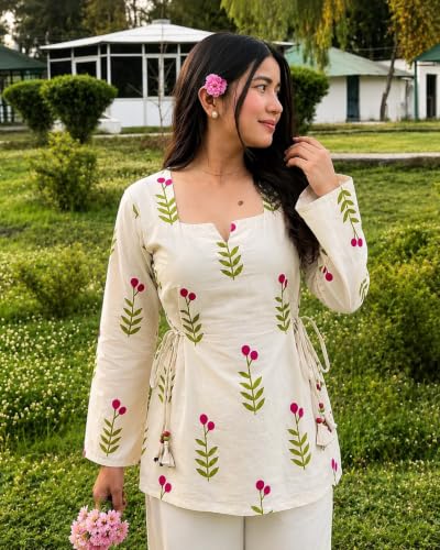 Image of Women's Rayon Printed Short Kurti with Square Neck & Long Flared Sleeves - Stylish Ethnic Casual Wear with Tie Detailing