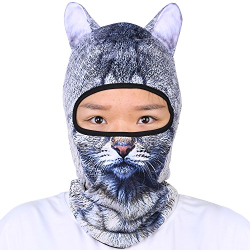Oumers Animal Balaclava Face Mask with Ears Breathable Hood Face Shield for Outdoor Sports Cycling Motorcycle Ski Halloween Party Gift, One Size Fit Most -Grey Color Cat