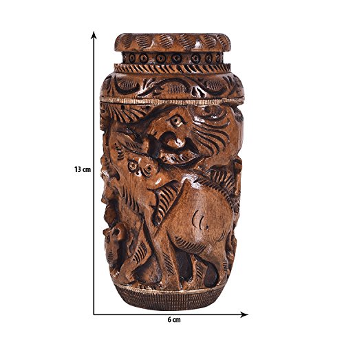 Image of Craft Trade 13x6 Cm Round Hand Carved Wooden Pen Pot Holder - Dark Brown