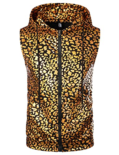 Image of ZEROYAA Mens 70s Metallic Sleeveless Hooded Vest T Shirt | Shiny, Disco, Sparkle, Party, Dance, NightClub, Halloween, Cosplay, Hipster, Kangaroo Pocket, Zip Up