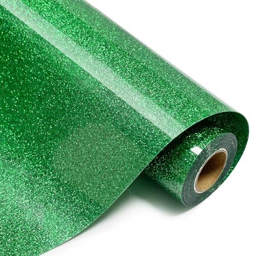 SCZENQI Glitter HTV Heat Transfer Vinyl Rolls- 10 x 8ft. Glitter HTV for Shirts. Iron on Vinyl and Heat Transfer Vinyl for All Cutters Machines. Easy to Cut & Weed Heat Vinyl Designs (Grass Green)
