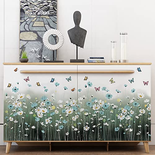 2 Sheets Blue Daisy Wall Sticker White Flowers Wall Decals Diy Peel And Stick Butterflys Firefly Wall Stickers For Kids Girls Bedroom Living Room Bathroom Nursery Window Door Office Skirting Lines #TOP3