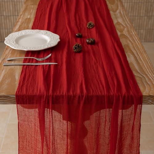 Image of Red Cheesecloth Table Runner 120 Inches for Party Home Decorations | For Wedding Baby Shower Bridal Shower Birthday Engagement Party 10FT Rustic Boho Home Decor