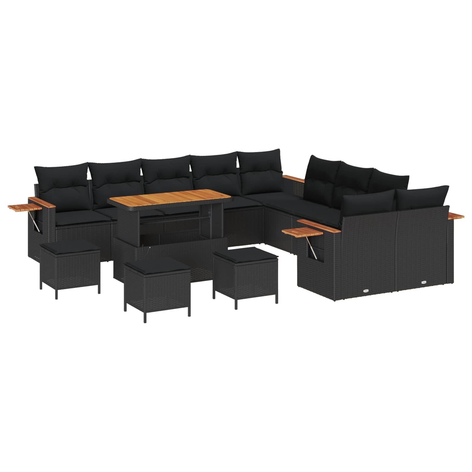 Juego de sofá de jardín modular de 14 piezas de ratán sintético negro con piezas de acero recubierto de pulverización y cojines de espuma suave