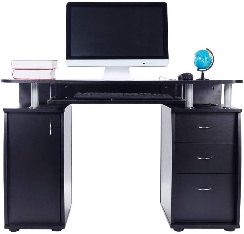 Computer Desk Sliding Keyboard Tray Spacious Storage 3 Drawers 2 Layers Shelf Workstation PC Laptop Notebook Reading Writing Table Perfect for Home Office Dorm Apartment Use Space Saving Furniture