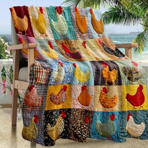 Rooster Print Blanket,Cozy Vintage Chicken Quilt Blanket,Funny Chicken Print Flannel Blanket,Orange Throw Blanket with Cute Roosters Farm Quilt Design for Couch Bed Sofa,Warm Farmhouse Gift