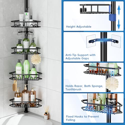 Mutool Adjustable Telescopic Shower Caddy, Adjustable Corner Shower Shelf with 4 Shelves, No Drilling Bathroom Storage Organizer for Bathroom Bathtub Tub Shampoo,Black - Image 5