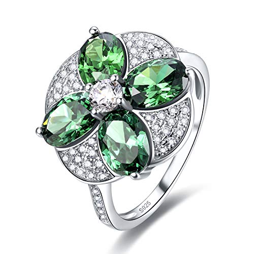 925 Sterling Silver Rings for Women, Flower Statement Engagement Ring, Simulated Emerald Quartz Wedding Band Promise Ring for Her