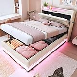 Ktipm Cama Tapizada Cama Infantil 90x200 cm con Luz LED y USB, Beige