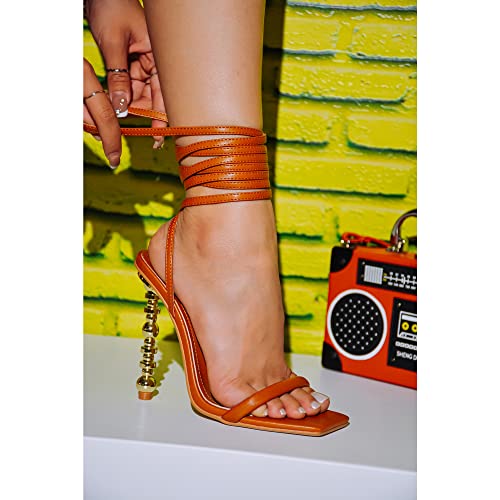 Cape Robbin Mindi Tan Leather Wrap Around Lace Up Gold Stiletto Square Toe Heels (TAN, 8.5)2