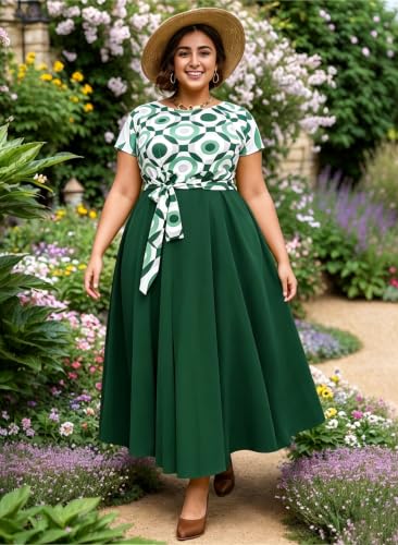 Image of Hostoyo Women Plus Size Formal A Line Maxi Dress Self Tie Waist with Pockets Elegant Round Neck Swing Long Dresses