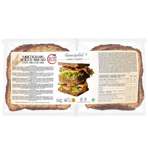 Pan cetogénico proteico de cereales Line@ | 30% de proteínas, bajo en carbohidratos, bajo en azúcar, hipocalórico, rico en omega 3 (8 rebanadas, 190 g)