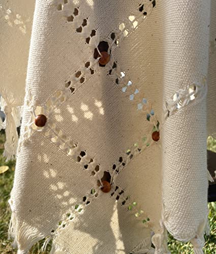 Secret Sea Collection Antique Handmade Cotton Small Tablecloth Decorated With Wooden Beads (36" X 36") #TOP3