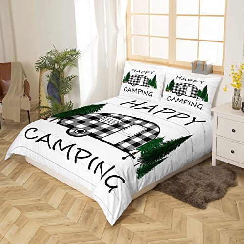 Erosebridal Camping Themed Bedding Set Happy Camping Comforter Cover Full,Camper Decor Camp Travel Car Duvet Cover Buffalo Checked Old Barn Door Bedclothes Farmhouse Style Bedroom Decor #TOP1
