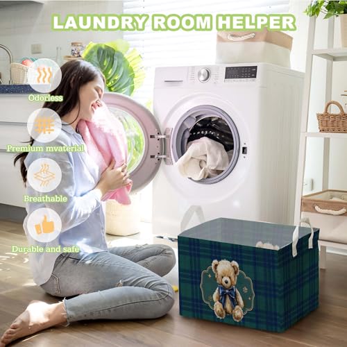 Image of Teddy Bear Baby Shower Decorations,Teddy Bear Storage Baskets,Bear Nursery Decor,Large Square Canvas Laundry Hamper With A Waterproof PE Coating,Foldable Kids Toy Clothes Bins for Bedroom