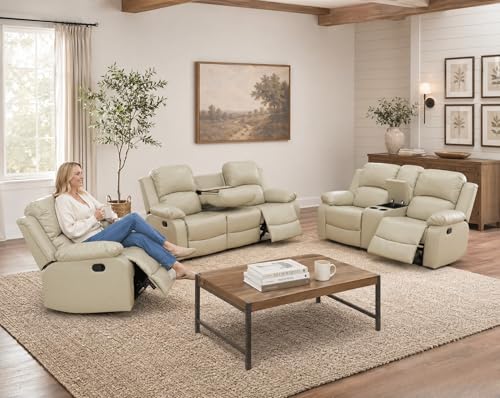 Seruancielo Bonded Leather Living Room Furniture, 3 Pieces Recliner Sofa Set with Cup Holders&Storage Console, Manual Reclining Leather Couches for Living Room (Beige, Sofa+Loveseat+Chair)