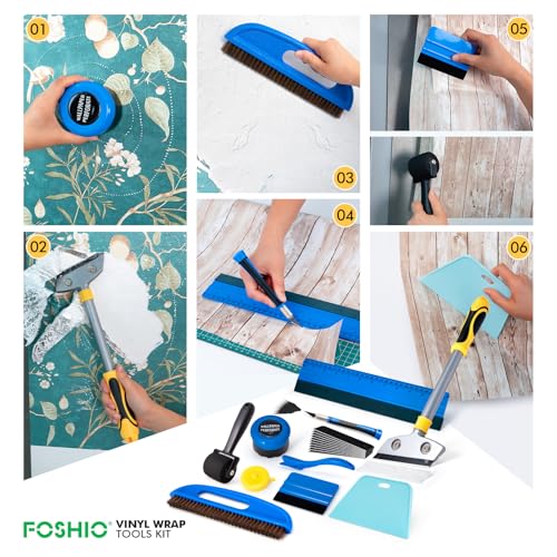 FOSHIO Tapezierwerkzeug, Tapete Glätten Werkzeug mit Bürsten,Schwamm Rollen,Schneidwerkzeug, Tapetenperforierer, Tapetenglättungs Werkzeug für Klebekontakt, Tapeten, Fensterfolie