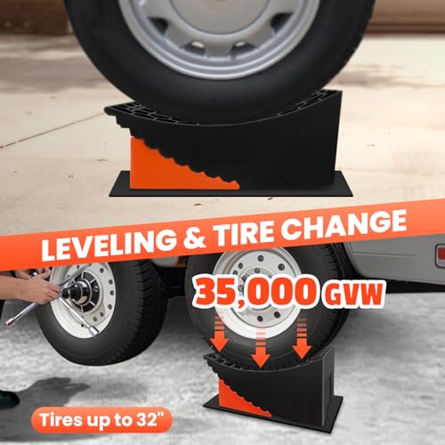 Image of ROBLOCK Tandem Trailer Tire Change Ramp, Tire Lifts Up to 6.3 inch, Raised Tire Change Ramp for Trailers Campers, RV Leveling Blocks with Chocks, Carry Bag, Dual Axle Tandem Wheel Aid,1 Pack