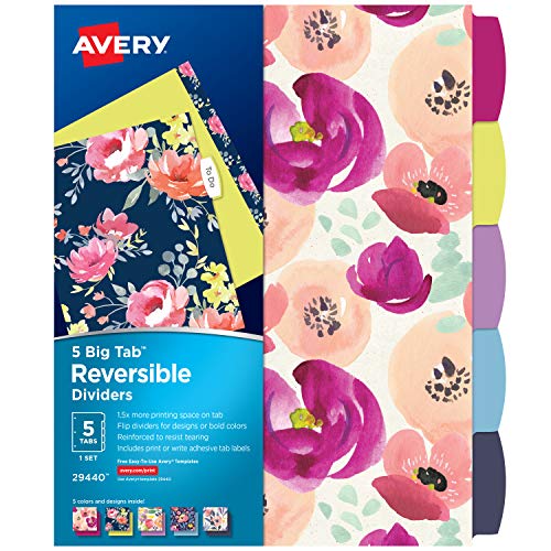 Avery 5 Tab Reversible Fashion Binder Dividers, Design May Vary, Big Tabs, 1 Set (29440),Assorted